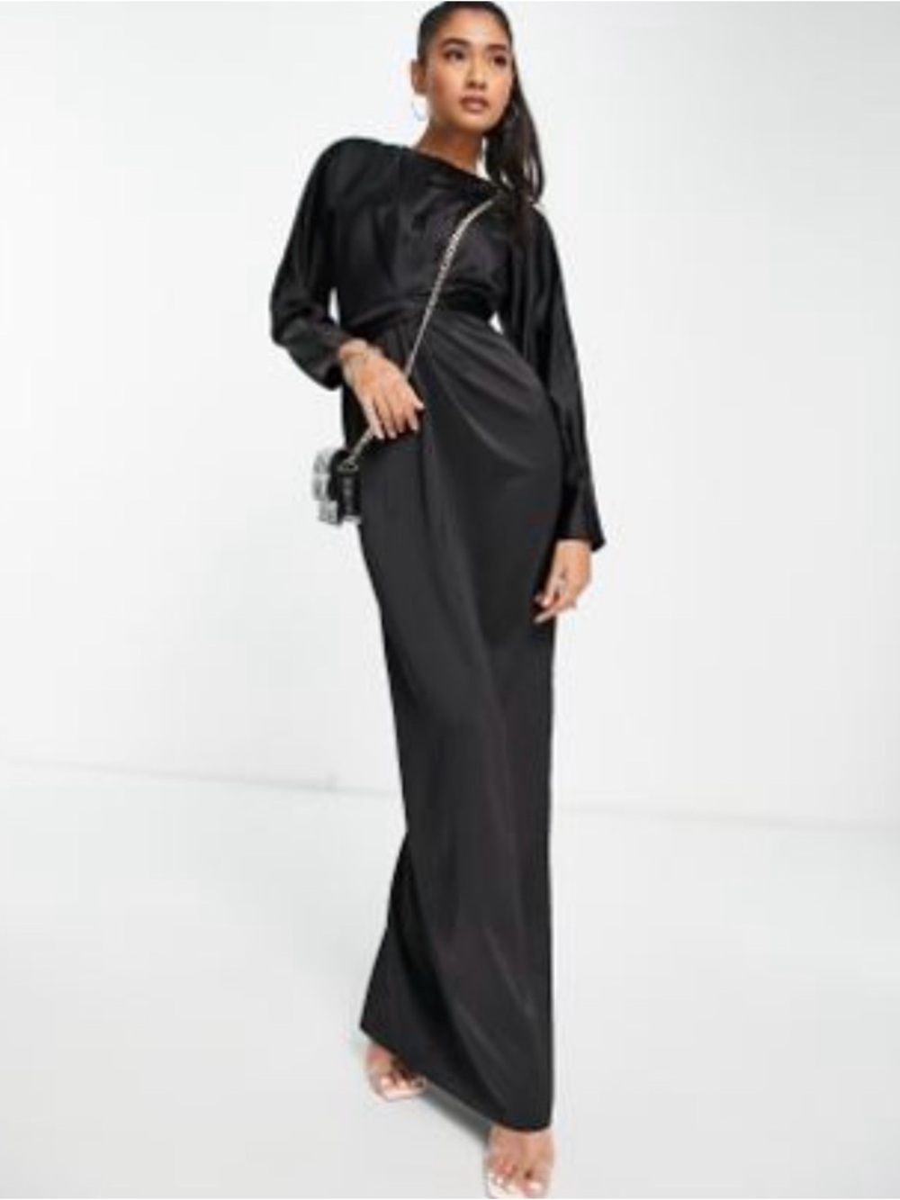 Black Long-Sleeve Satin Maxi Dress